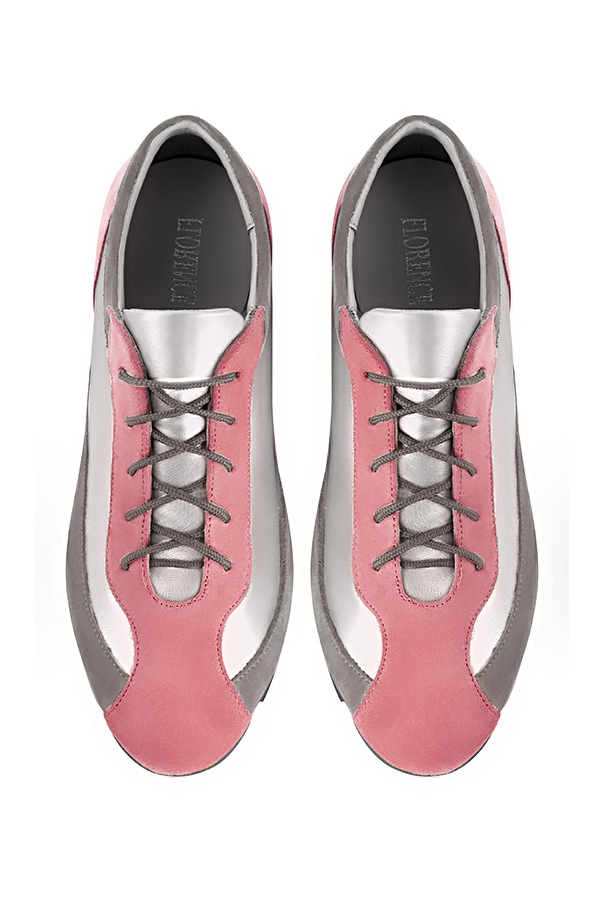 Carnation pink, light silver and pebble grey women's two-tone elegant sneakers. Round toe. Flat rubber soles. Top view - Florence KOOIJMAN